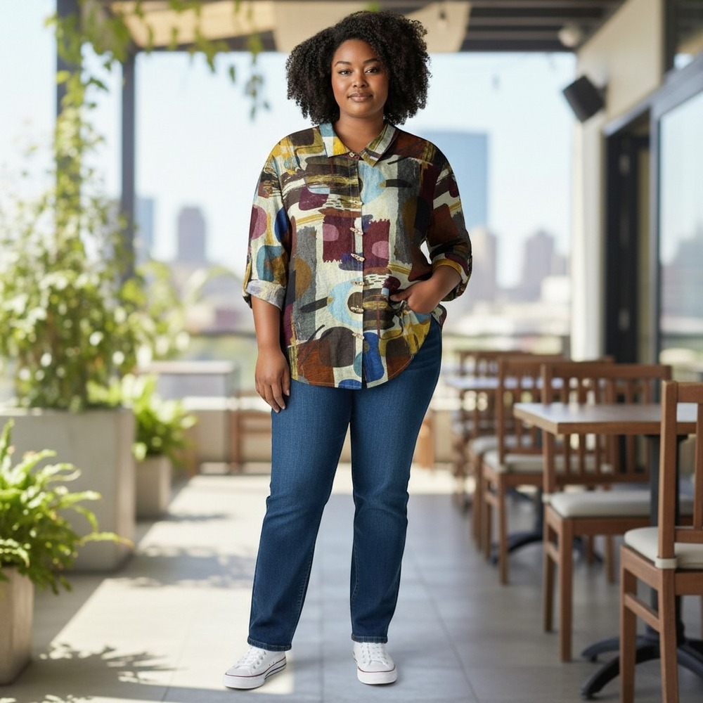 Ali Miles Button Down Women 2X Multicolor Excellent Abstract Toggle Blouse